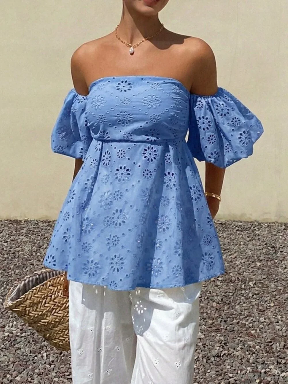 Blue Boho Women's Off Shoulder embroidered blouse